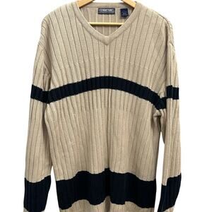 Vintage 90s Structure Men's Large Beige Navy Stripe V Neck Cotton Ribbed Sweater